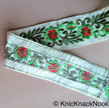 Beige Fabric Trim With Green And Red Floral Embroidery, 56mm wide